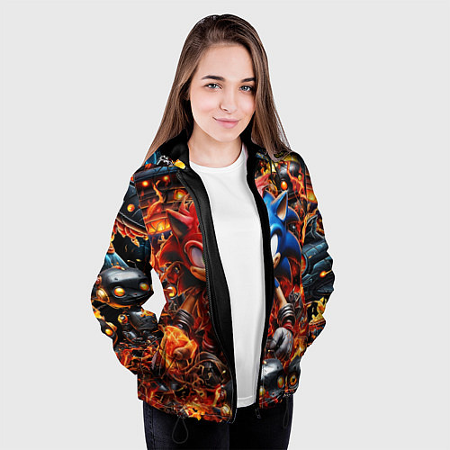 Женская куртка Соник и Наклз на фоне огня и роботов / 3D-Черный – фото 3
