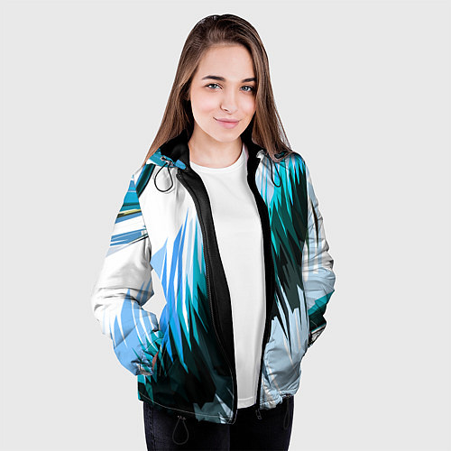 Женская куртка Чёрно-синие острые полосы на белом фоне / 3D-Черный – фото 3