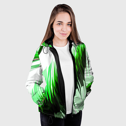 Женская куртка Чёрно-зелёные острые полосы на белом фоне / 3D-Черный – фото 3