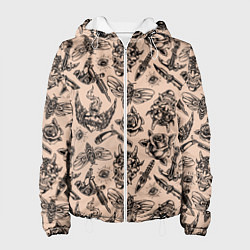 Куртка с капюшоном женская Татуировка с цикадой и демоном Они - паттерн, цвет: 3D-белый