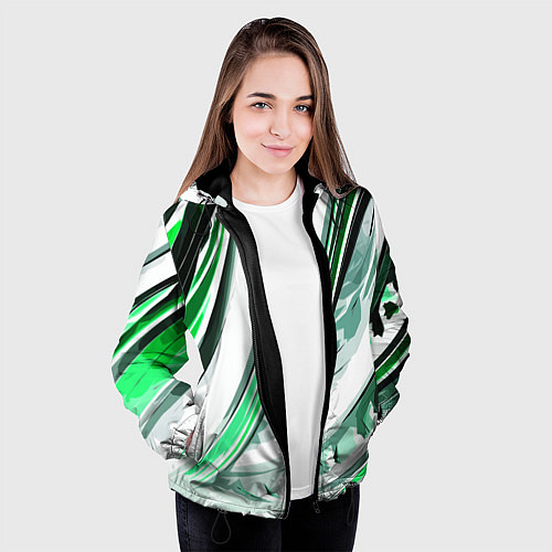 Женская куртка Волнистая бело-зелёная абстракция / 3D-Черный – фото 3