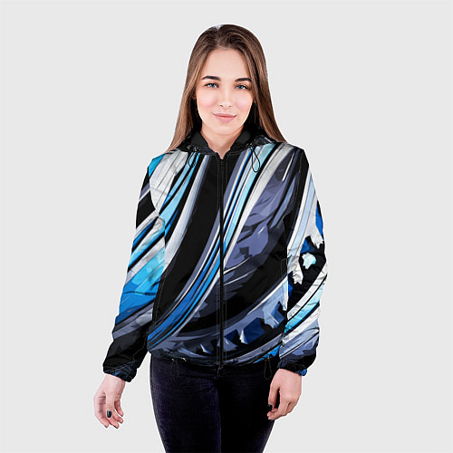 Женская куртка Волнистая чёрно-синяя абстракция / 3D-Черный – фото 4