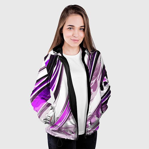Женская куртка Волнистая бело-фиолетовая абстракция / 3D-Черный – фото 3
