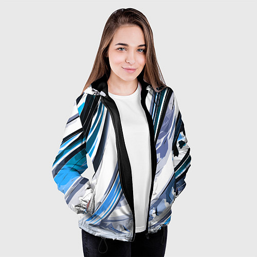 Женская куртка Волнистая бело-синяя абстракция / 3D-Черный – фото 3