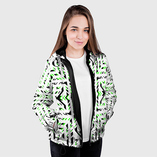 Женская куртка Чёрно-зелёный диагональные полосы на белом фоне / 3D-Черный – фото 3