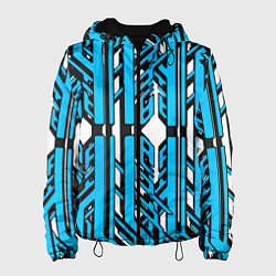Куртка с капюшоном женская Чёрно-синие техно полосы на белом фоне, цвет: 3D-черный