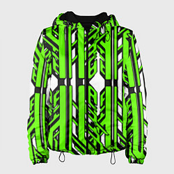 Куртка с капюшоном женская Чёрно-зелёные техно полосы на белом фоне, цвет: 3D-черный