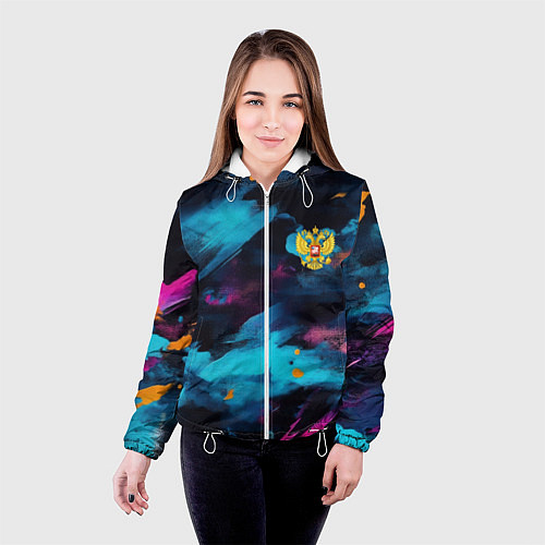 Женская куртка Герб РФ на текстурном камуфляже / 3D-Белый – фото 4