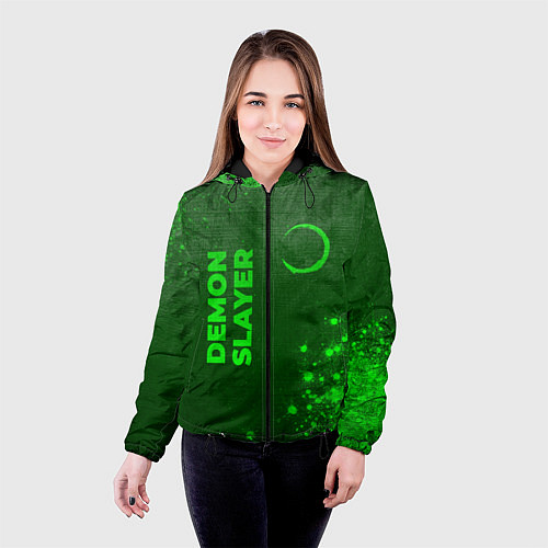 Женская куртка Demon Slayer - green gradient вертикально / 3D-Черный – фото 4