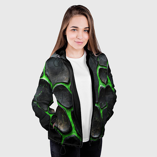 Женская куртка Черная потертая текстура на зеленом фоне / 3D-Черный – фото 3