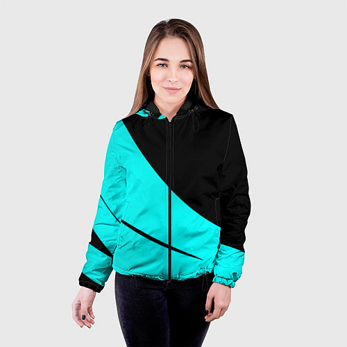 Женская куртка Чёрный и неоновый голубой двуцветный с полосой / 3D-Черный – фото 4