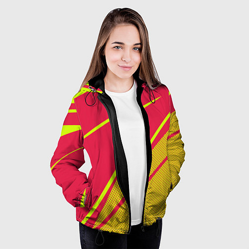 Женская куртка Красно-розовый с салатовым точечный / 3D-Черный – фото 3