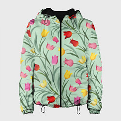 Куртка с капюшоном женская Тюльпаны цветочный паттерн на светло-зелёном фоне, цвет: 3D-черный