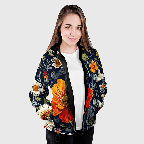 Женская куртка Маки и пионы старинный паттерн / 3D-Черный – фото 3