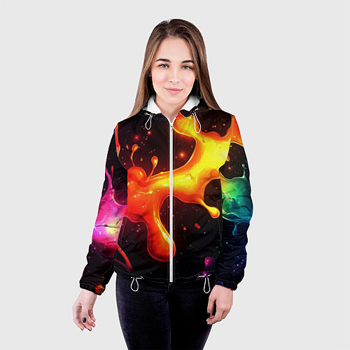 Женская куртка Радужные кляксы на черном фоне / 3D-Белый – фото 4
