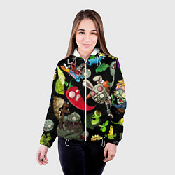 Куртка с капюшоном женская Растения против зомби персонажи на черном, цвет: 3D-белый — фото 2
