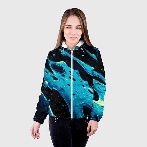Женская куртка Синие волны краски на черном / 3D-Белый – фото 4