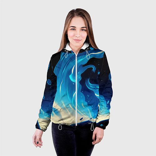 Женская куртка Бело-синее пламя из абстрактных красок / 3D-Белый – фото 4