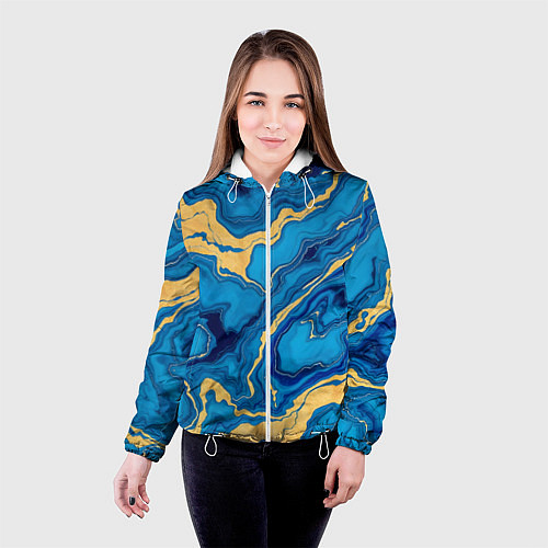 Женская куртка Синий мрамор с золотом / 3D-Белый – фото 4