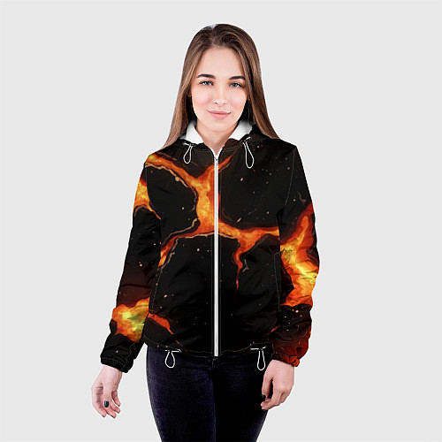 Женская куртка Оранжевый разлом на черной текстуре / 3D-Белый – фото 4