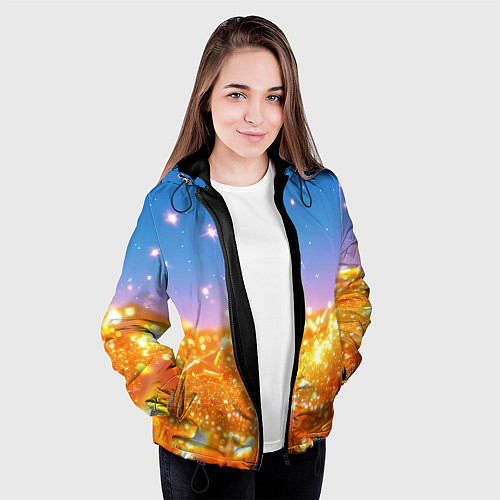 Женская куртка Золотые шарики на голубом фоне / 3D-Черный – фото 3