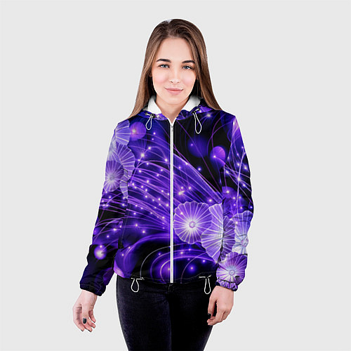 Женская куртка Силуэты цветов на темном фоне - фиолетовое свечени / 3D-Белый – фото 4