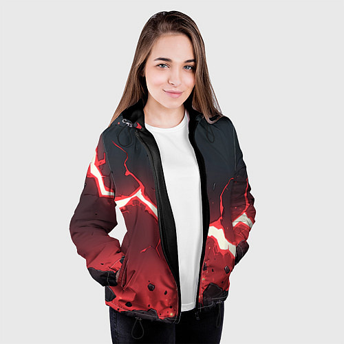 Женская куртка Красная молния на черной текстуре / 3D-Черный – фото 3