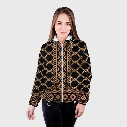 Женская куртка Золотые узоры на черном с канатами - вышиванка руб / 3D-Белый – фото 4
