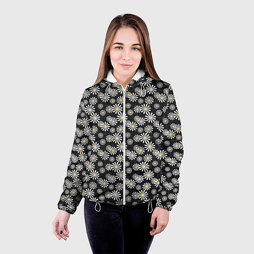 Женская куртка Белые цветы ромашки на черном в мелкий горошек / 3D-Белый – фото 4
