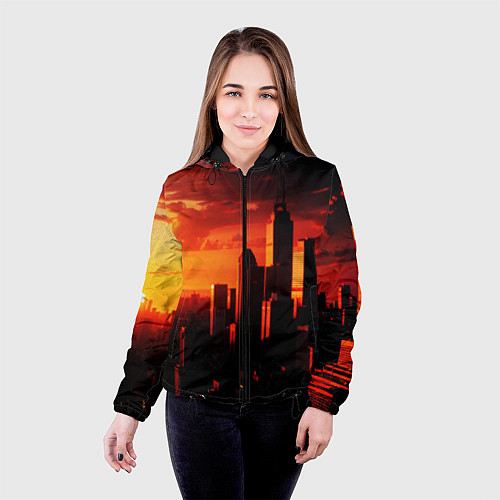 Женская куртка Стилизованный город оранжевый закат / 3D-Черный – фото 4