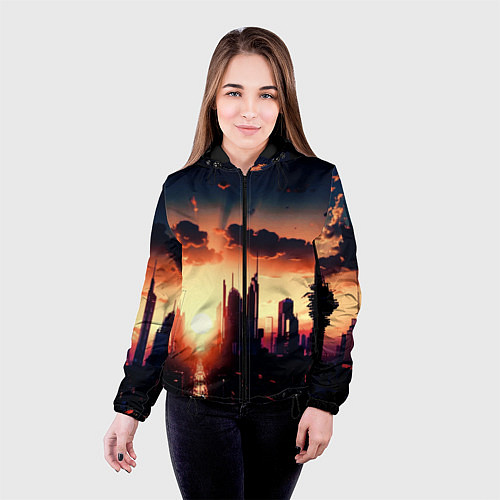 Женская куртка Пейзаж город будущего закат / 3D-Черный – фото 4