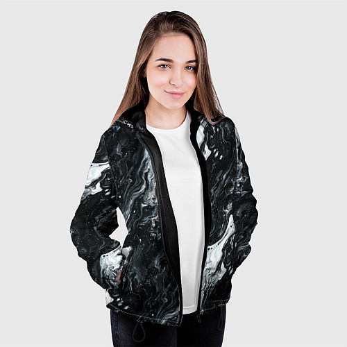 Женская куртка Монохромный жидкий мрамор - абстрактный паттерн / 3D-Черный – фото 3