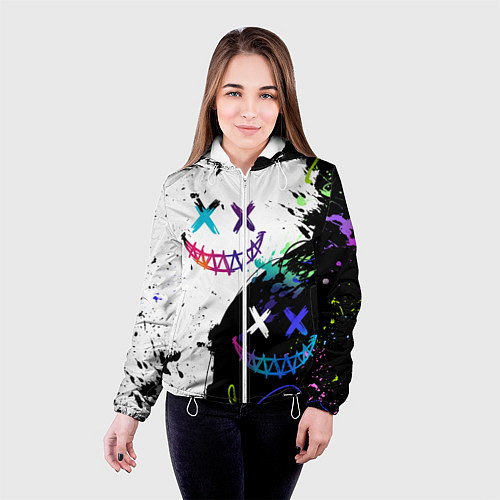 Женская куртка Неоновые брызги - жуткие улыбки / 3D-Белый – фото 4
