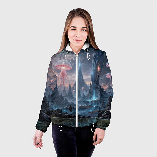 Женская куртка Фантастический мир с медузами и озеро у гор / 3D-Белый – фото 4