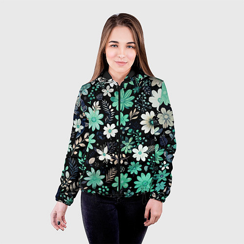Женская куртка Чёрный в зелёный цветочек стилизованный / 3D-Черный – фото 4