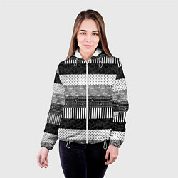 Куртка с капюшоном женская Черно белый полосатый узор из лоскутов, цвет: 3D-белый — фото 2