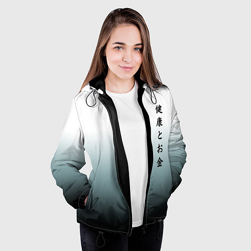Женская куртка Градиент с надписью на японском - здоровье и деньг / 3D-Черный – фото 3
