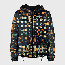 Куртка с капюшоном женская Тёмный синий с оранжевым кубики абстракция, цвет: 3D-черный