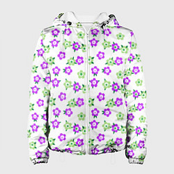 Женская куртка Зеленые фиолетовые цветы на белом фоне