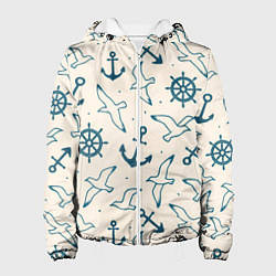 Куртка с капюшоном женская Морской паттерн из штурвалов, чаек и якорей, цвет: 3D-белый