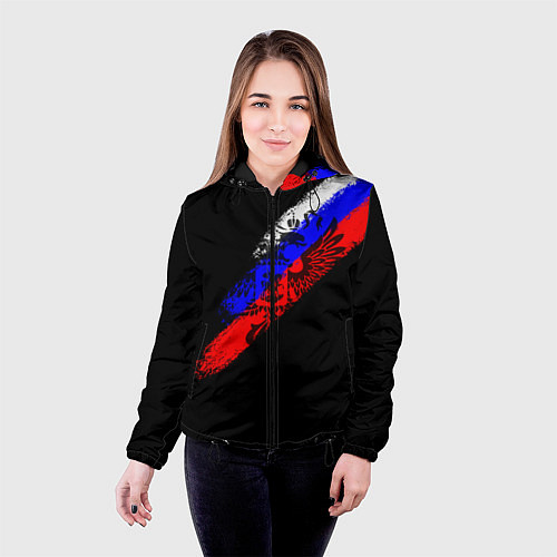Женская куртка Герб на фоне цветов флага на чёрном фоне / 3D-Черный – фото 4