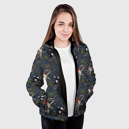 Женская куртка Дятлы и цветы / 3D-Черный – фото 3