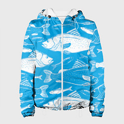 Куртка с капюшоном женская Рыбы в голубой воде, цвет: 3D-белый