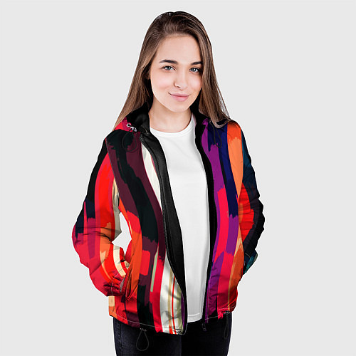 Женская куртка Красный абстрактные волнистые полосы / 3D-Черный – фото 3