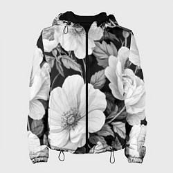 Куртка с капюшоном женская Чёрно-серый цветочный паттерн, цвет: 3D-черный