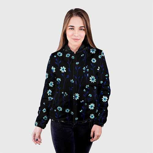 Женская куртка Паттерн с маленькими синими цветами / 3D-Черный – фото 4