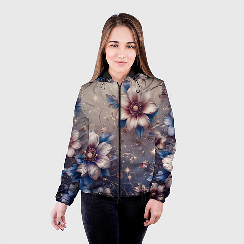 Женская куртка Сине-бежевый дымчатый с цветами / 3D-Черный – фото 4