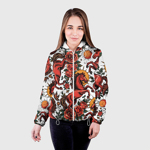 Женская куртка Красный конь в стиле татуировки / 3D-Белый – фото 4