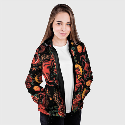 Женская куртка Красная лошадь с розами / 3D-Черный – фото 3