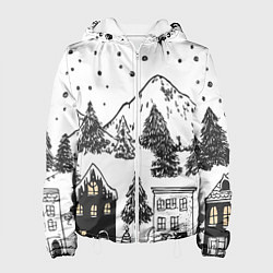 Куртка с капюшоном женская Заснеженный черно-белый город, цвет: 3D-белый